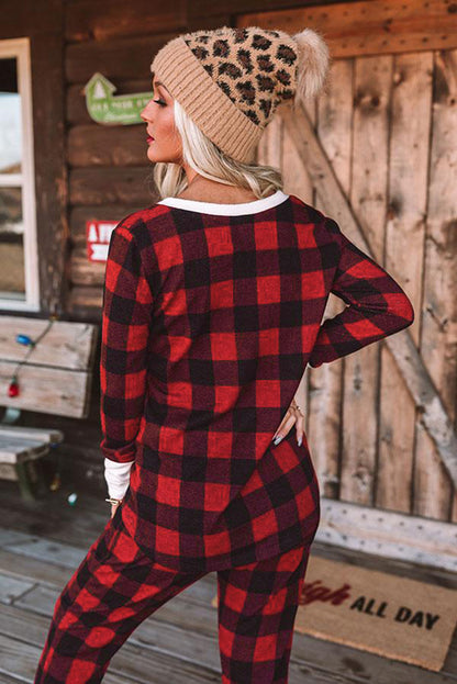 Red Christmas Plaid Long Sleeve Top & Pants Loungewear Set