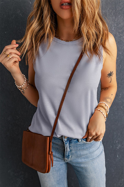 White Basic Waffle Crew Neck Tank Top