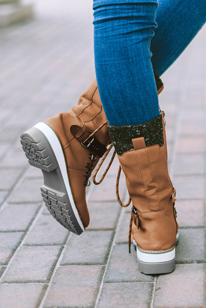 Coffee Round Toe Lace Up Zipper Casual Boots