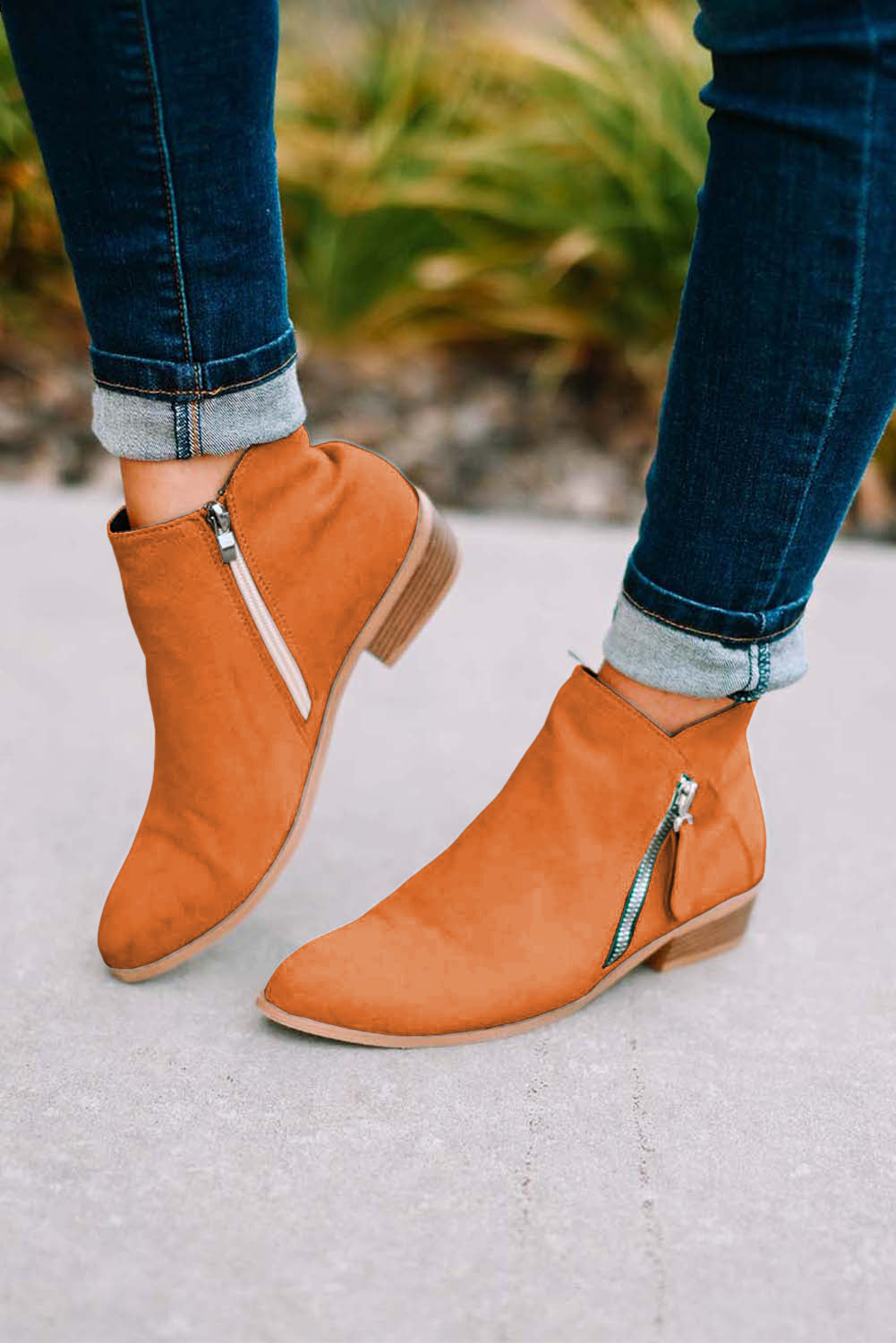 Orange Suede Pointed Toe Side Zipper Booties