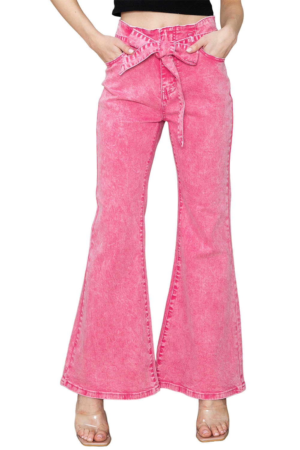 Pink Casual Front Knot High Waist Flare Leg Jeans