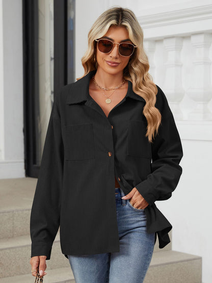 Button Up Dropped Shoulder Long Sleeve Outerwear