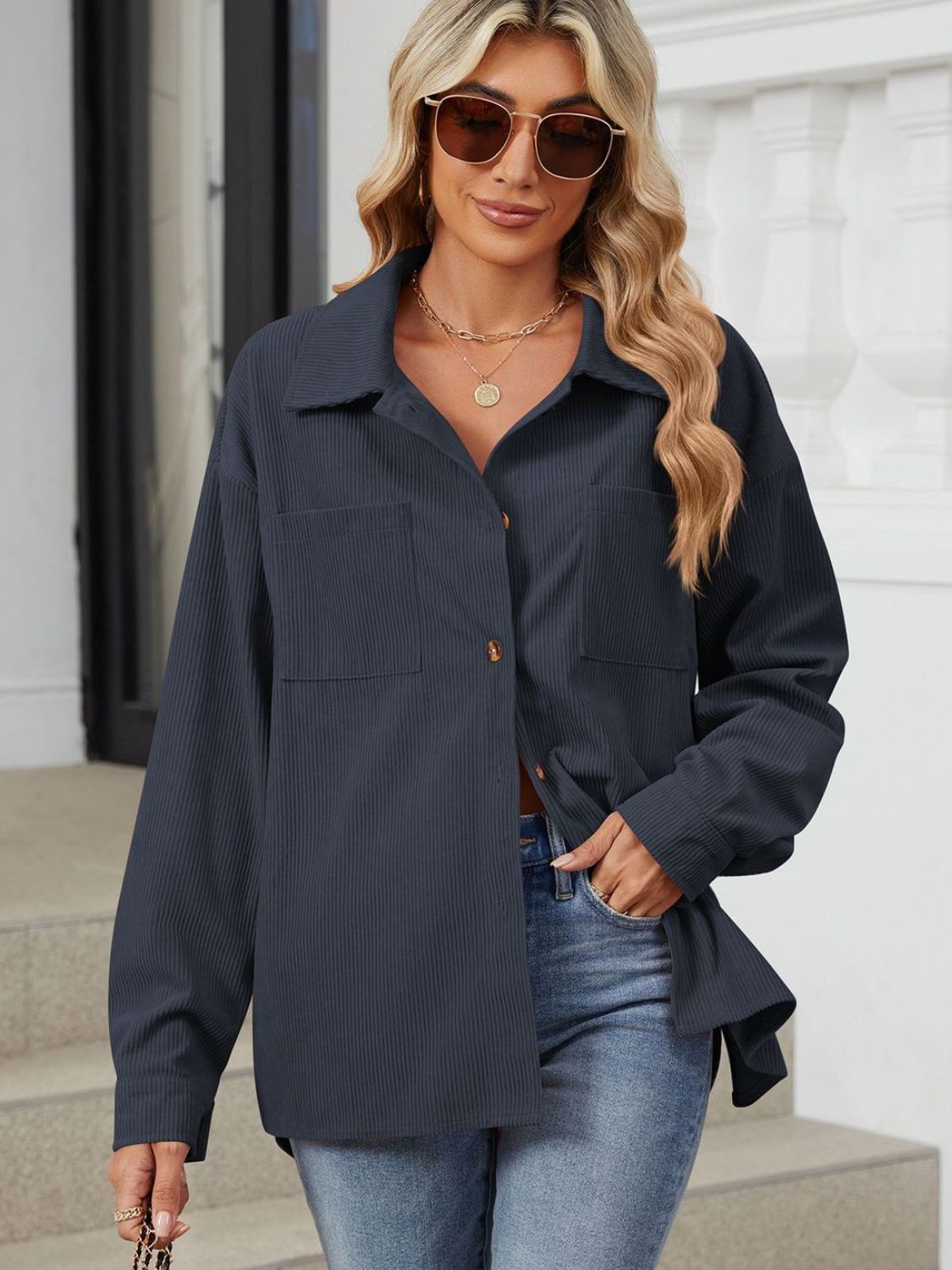 Button Up Dropped Shoulder Long Sleeve Outerwear