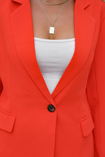 Red Flip Pocket Casual Button Lapel Neck Blazer For Women