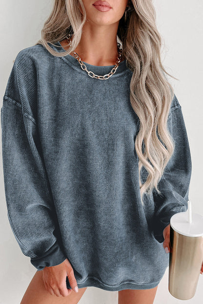 Green Ribbed Round Neck Drop Sleeve Pullover Sweatshirt