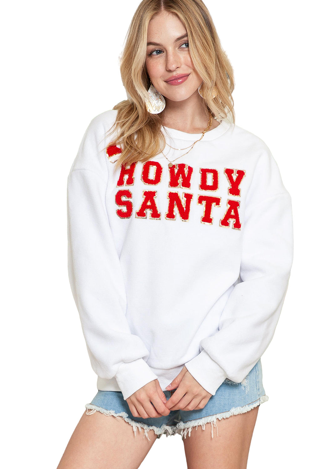 White Howdy Santa Christmas Drop Sleeve Sweatshirt