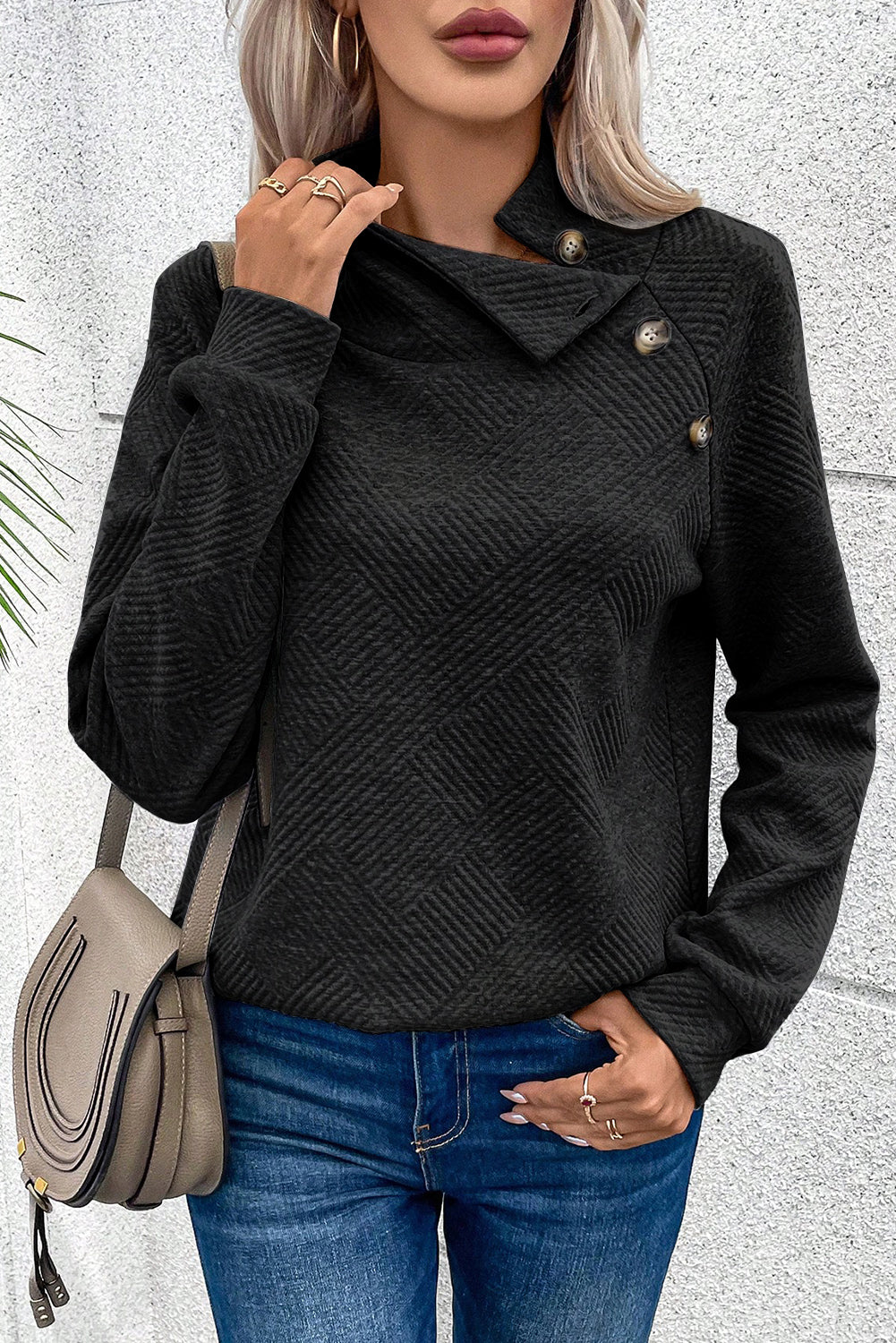 Apricot Solid Color Button Detail Textured Sweatshirt