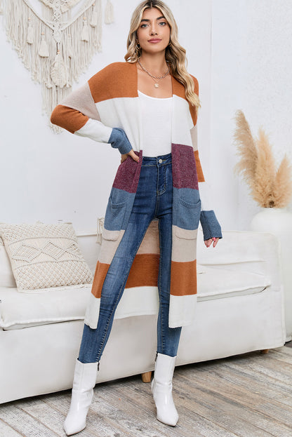 Multicolor Knitted Color Block Open Front Long Cardigan