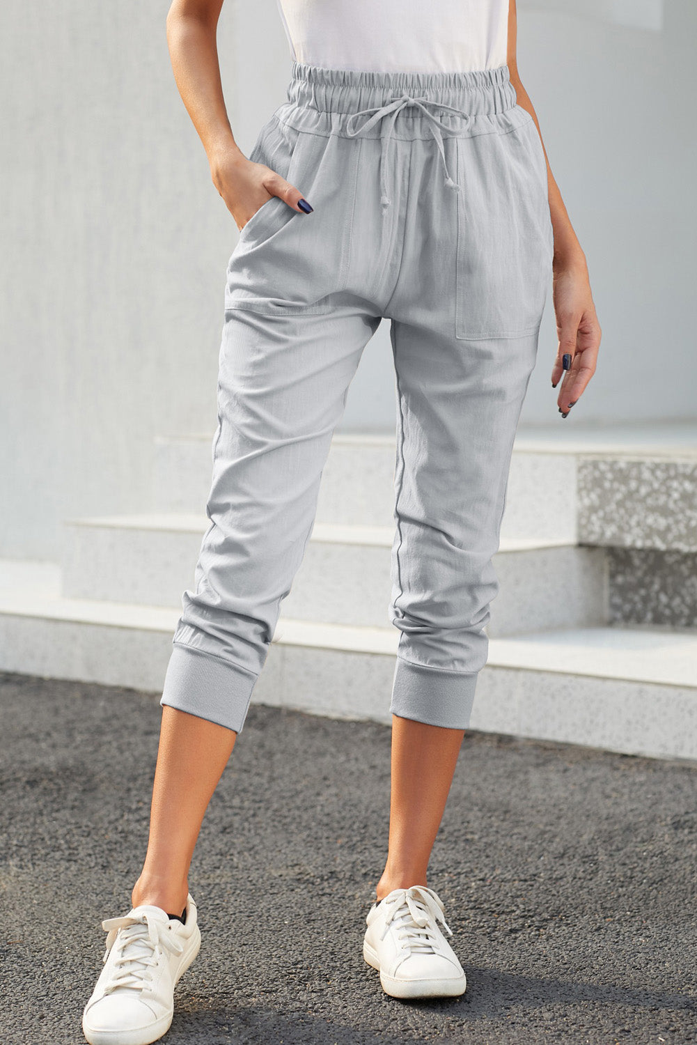 Gray Causal Pockets Elastic Waist Drawstring Pants