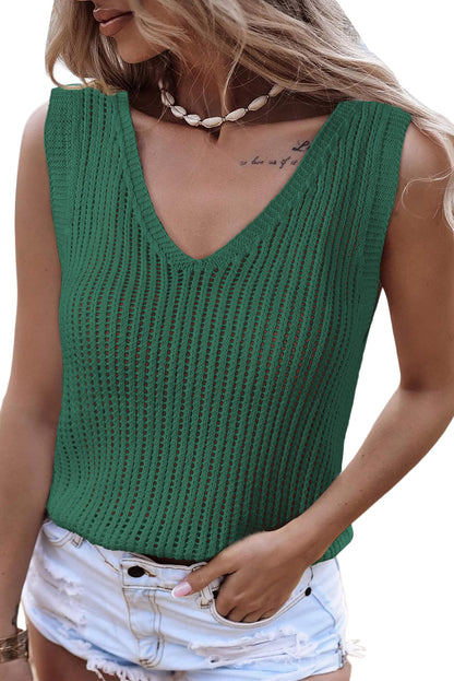 White Hollowed Knit V Neck Tank Top