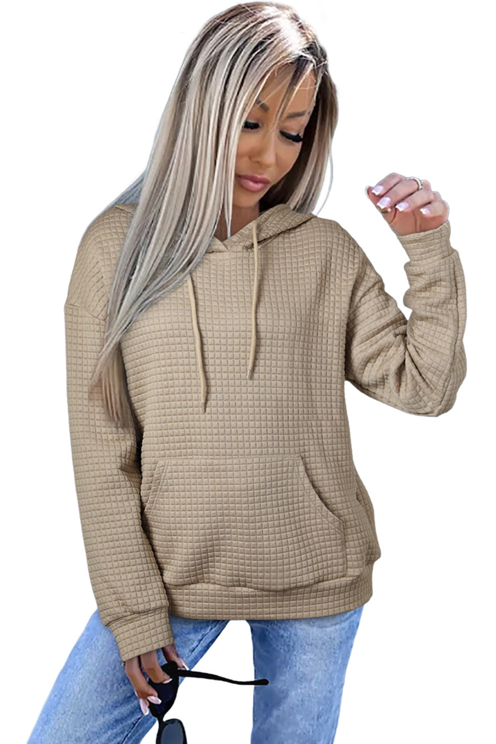 White Lattice Textured Kangaroo Pocket Drawstring Hoodie