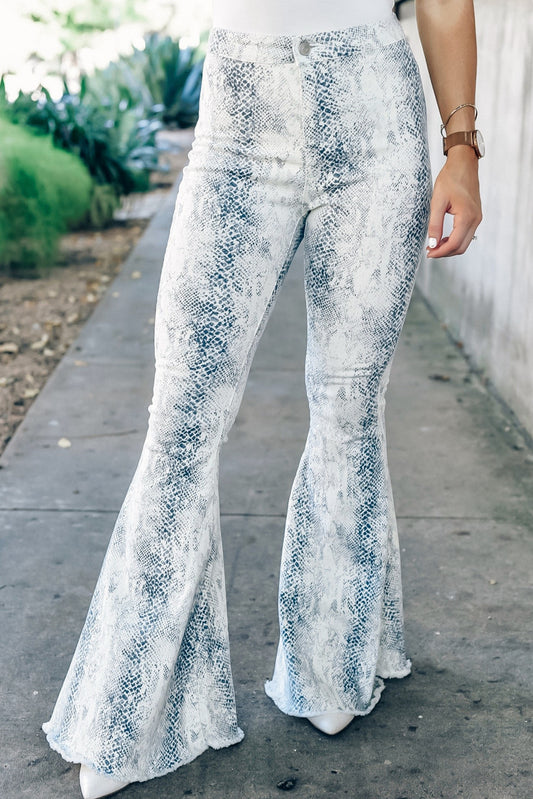 White Casual High Waist Snakeskin Print Flare Pants