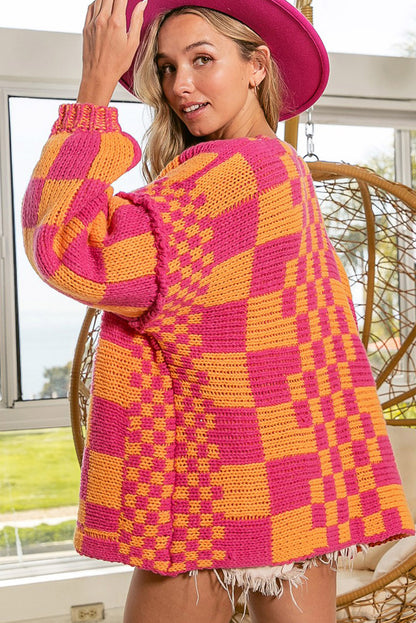 Colorblock Checked Open Front Knitted Cardigan