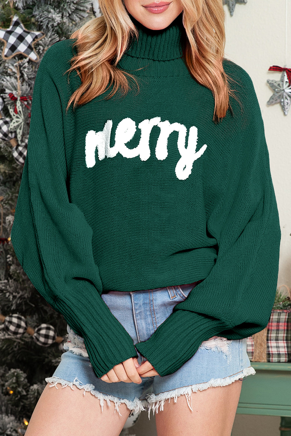 Red Turtle Neck Batwing Sleeve Merry Christmas Sweater