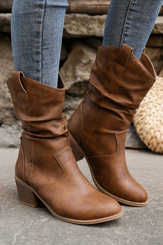 Chestnut Pleated Leather Block Heel Boots