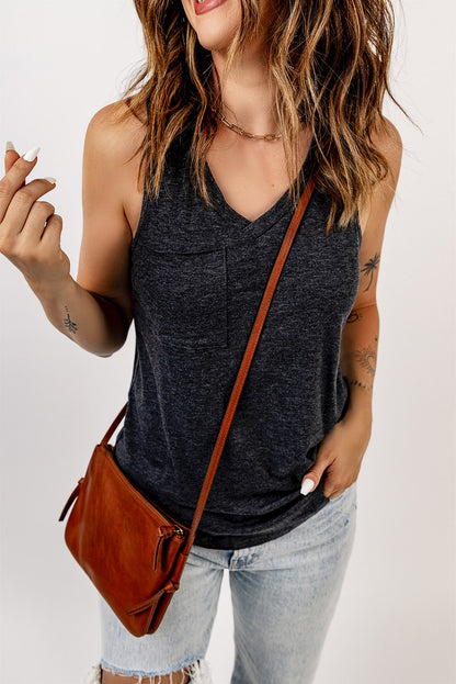 Gray Casual V Neck Racerback Tank Top With Pocket