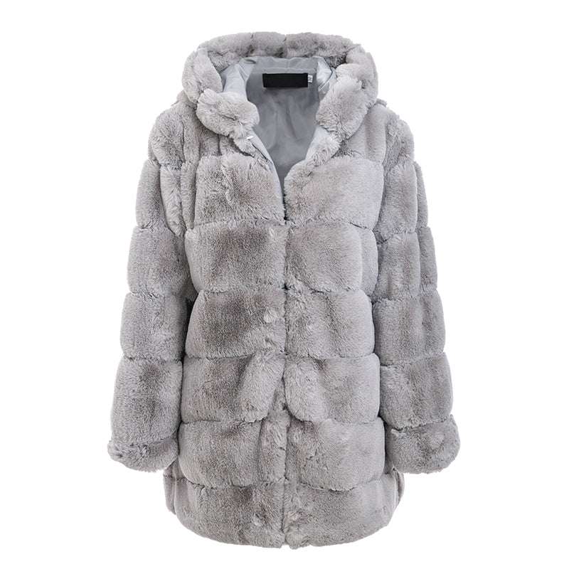 Simplee Vintage Fluffy Hoodie Faux Fur Coat Women Winter Grey Jacket Coat Women Plus Size Warm Long Casual Outerwear Overcoat