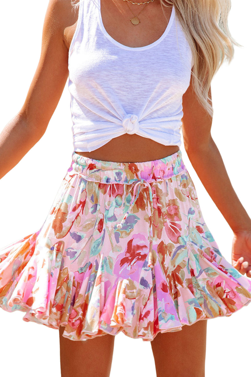 Multicolor Abstract Floral Print Ruffled High Waist Mini Skirt