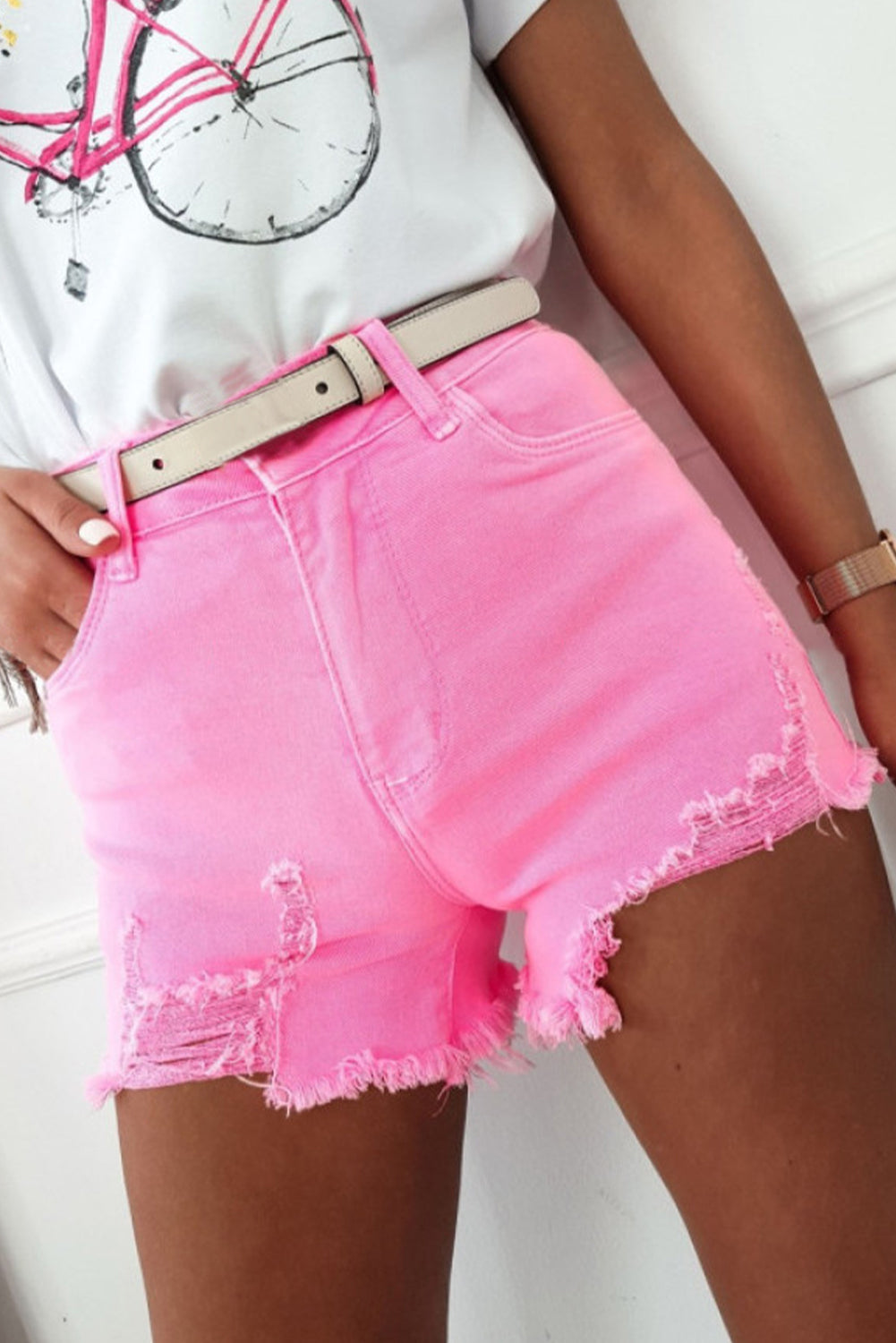 Rose Solid Color Distressed Denim Shorts