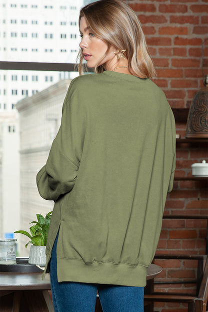 Green Plain Drop Shoulder Ribbed Trim Oversized Sweatshirt