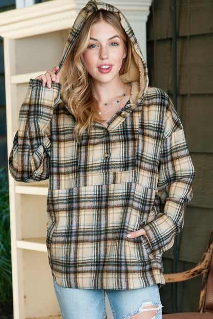 Khaki Plaid Button Neck Pocketed Pullover Hoodie