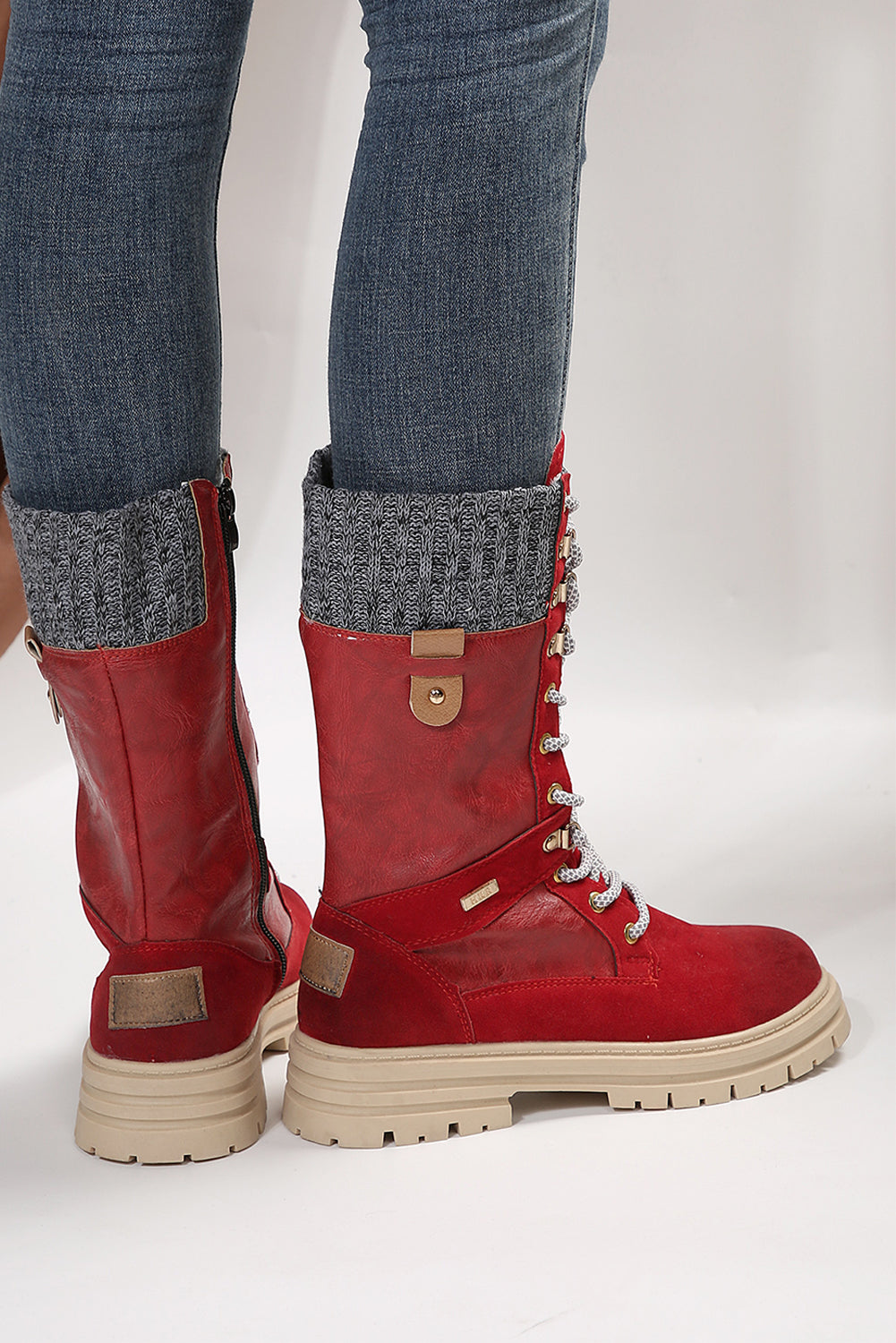 Coffee Wool Knit Patchwork Lace Up Leather Boots