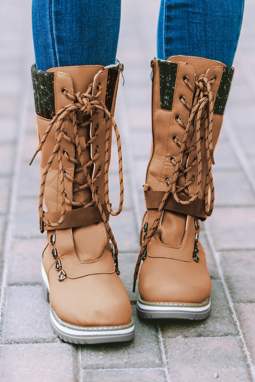 Coffee Round Toe Lace Up Zipper Casual Boots