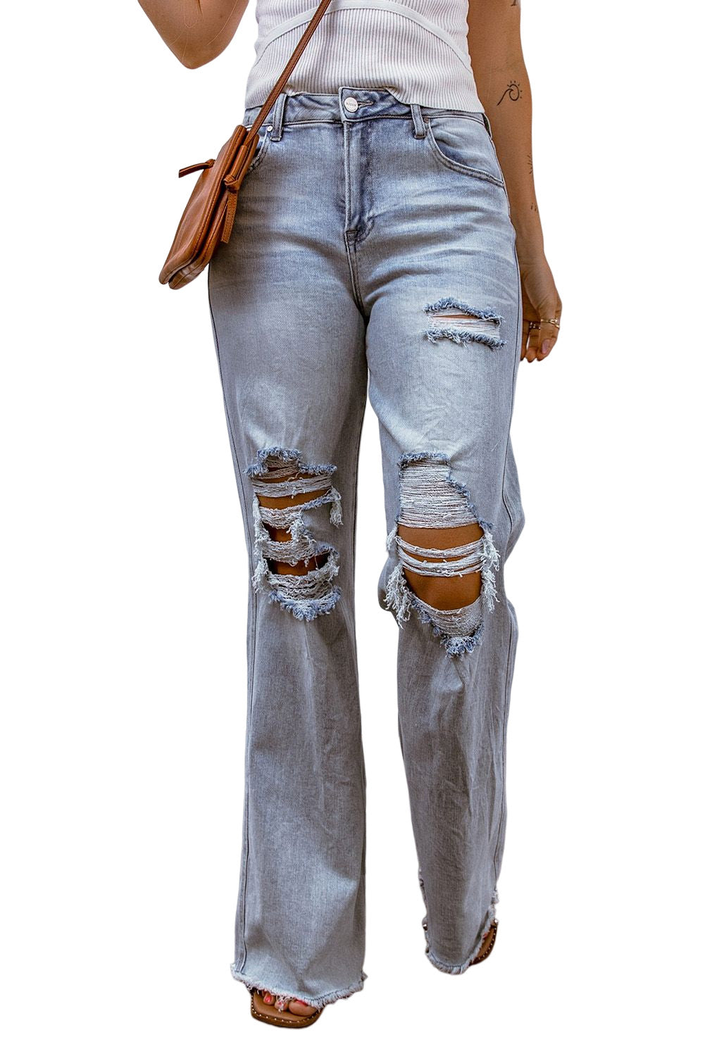 Light Blue Washed Casual Wide Leg Raw Hem Distressed Jeans