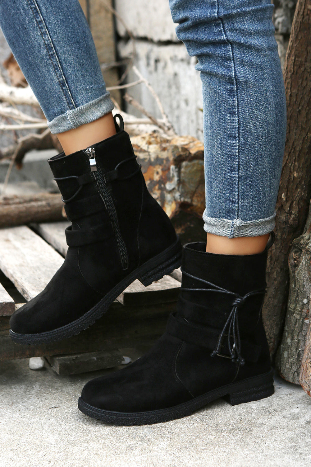 Brown Faux Suede Zip Up Buckle Straps Ankle Boots