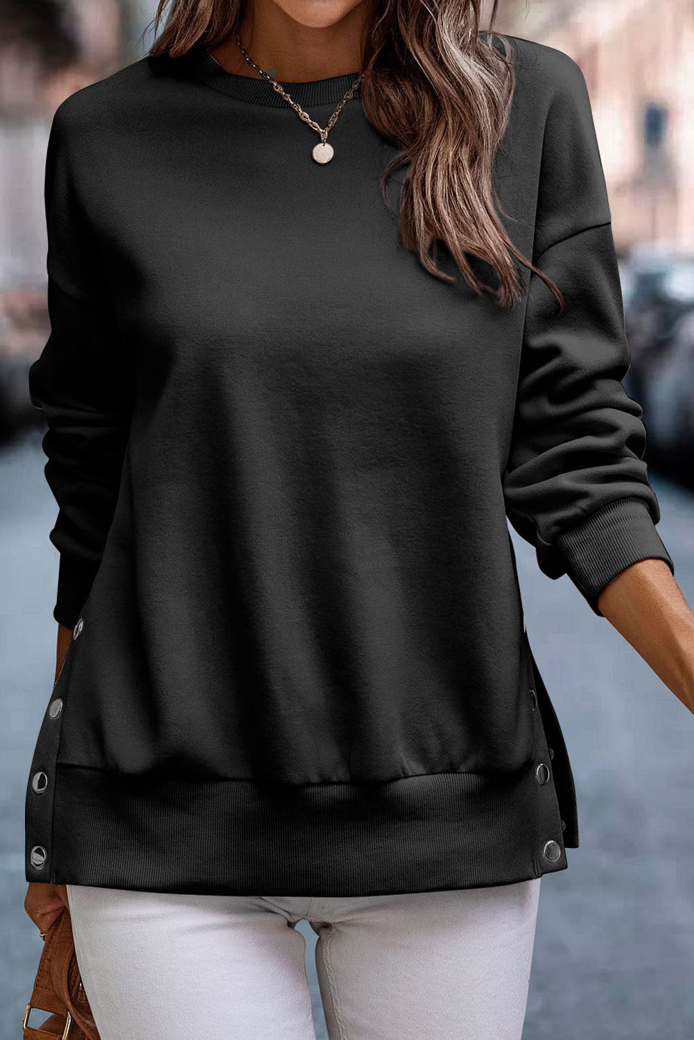 Black Snap Button Side Slits Solid Color Sweatshirt