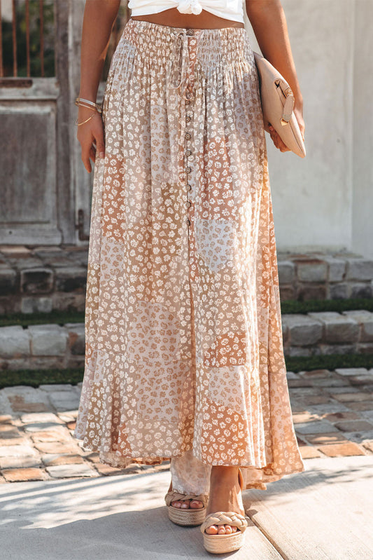 Apricot Boho Flower Print Smocked Waist Button Slit Maxi Skirt