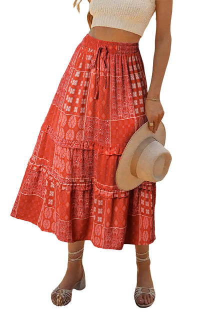 Red Bohemian Mix Print Long Flared Skirt