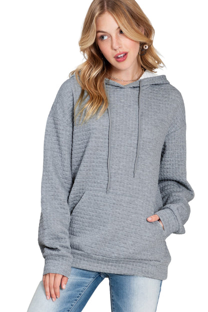 White Lattice Textured Kangaroo Pocket Drawstring Hoodie