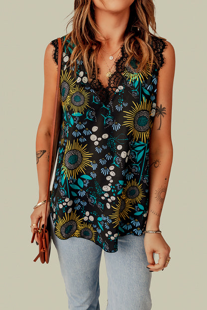 Black Casual V Neck Lace Trim Floral Tank Top