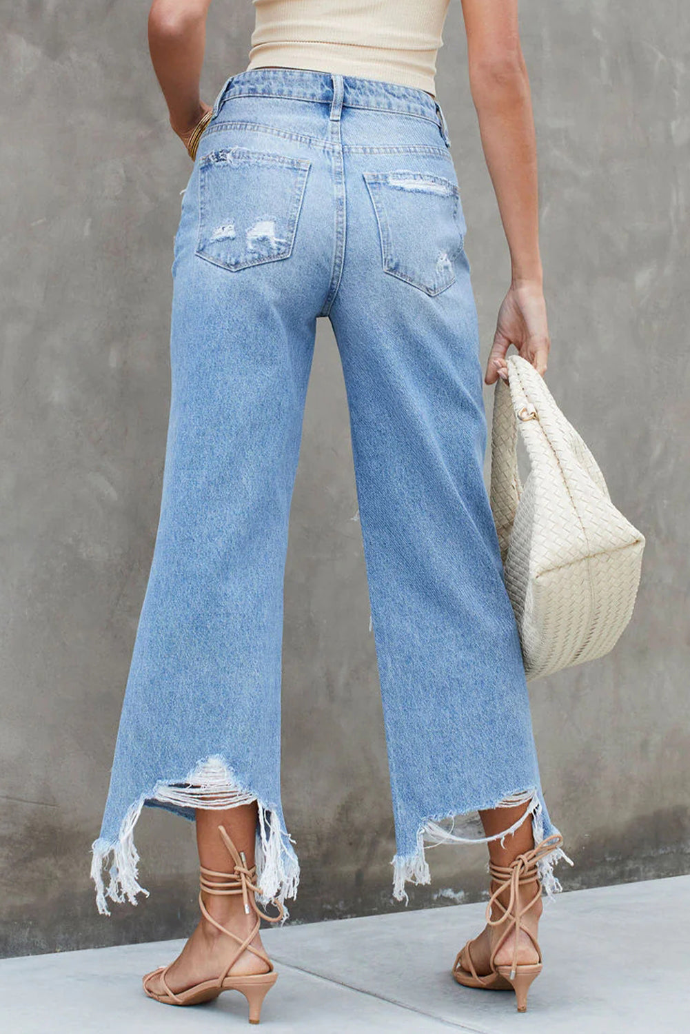 Sky Blue Heavy Destroyed Raw Hem Wide Leg Jeans