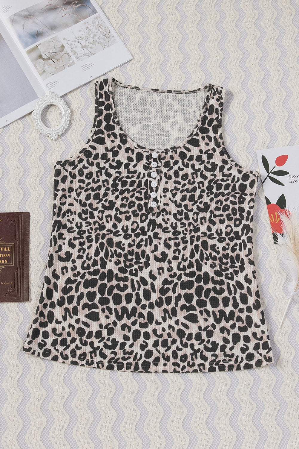 Cheetah Casual Scoop Neck Button Front Tank Top
