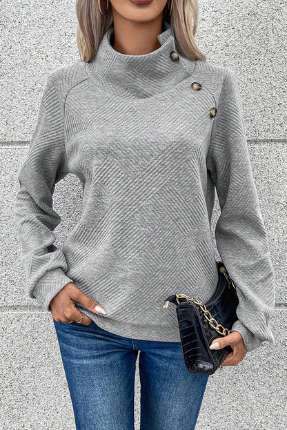 Apricot Solid Color Button Detail Textured Sweatshirt