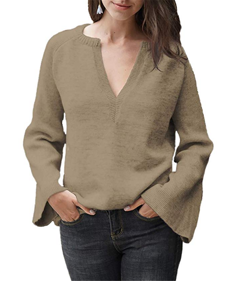 Autumn Solid Color Pullover Sweater Women Office V-neck Plus Size Loose Sweater