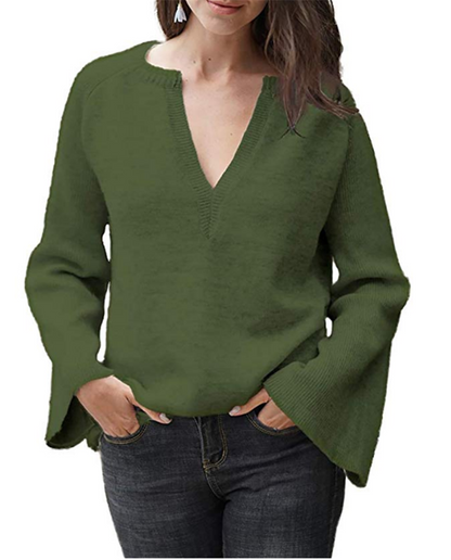 Autumn Solid Color Pullover Sweater Women Office V-neck Plus Size Loose Sweater