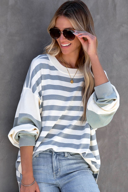 Black Striped Colorblock Drop Shoulder Pullover Sweatshirt