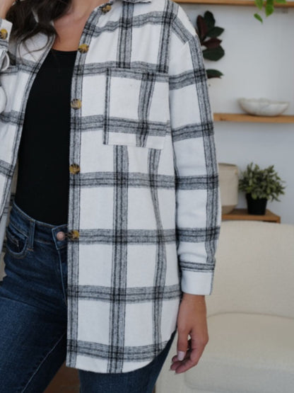 FAM-FAM Plaid Collared Neck Long Sleeve Shacket