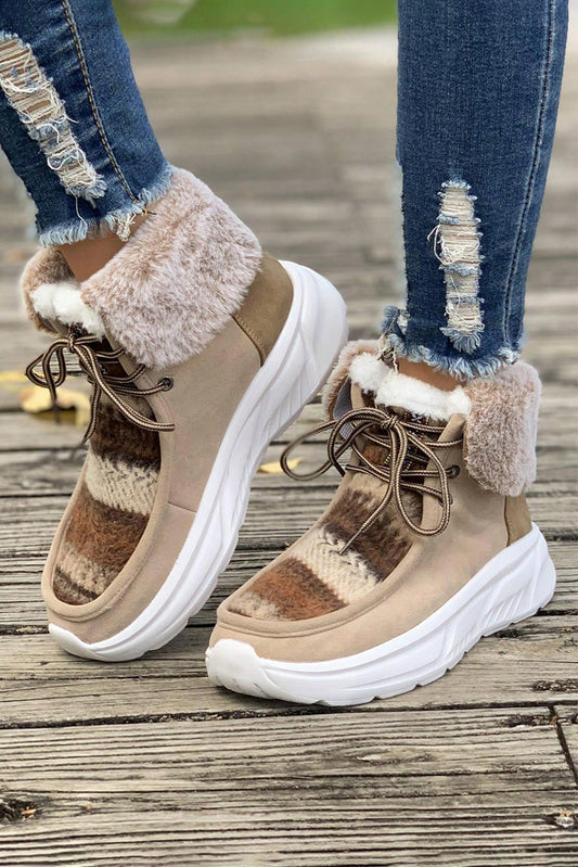 Chestnut Striped Raw Hem Patchwork Lace Up Sneakers