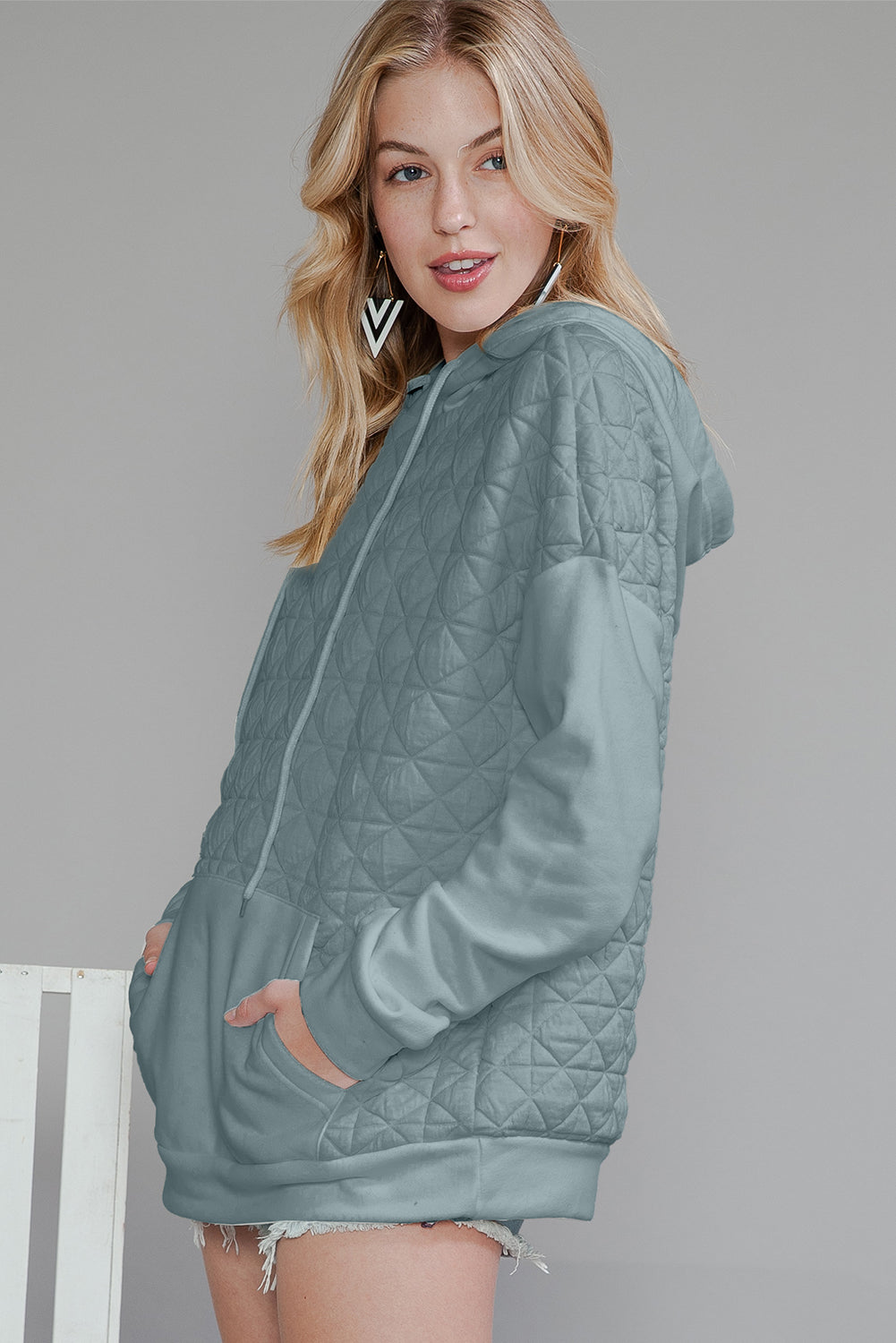 Light Grey Drop Shoulder Kangaroo Pocket Patchwork Quilted Hoodie