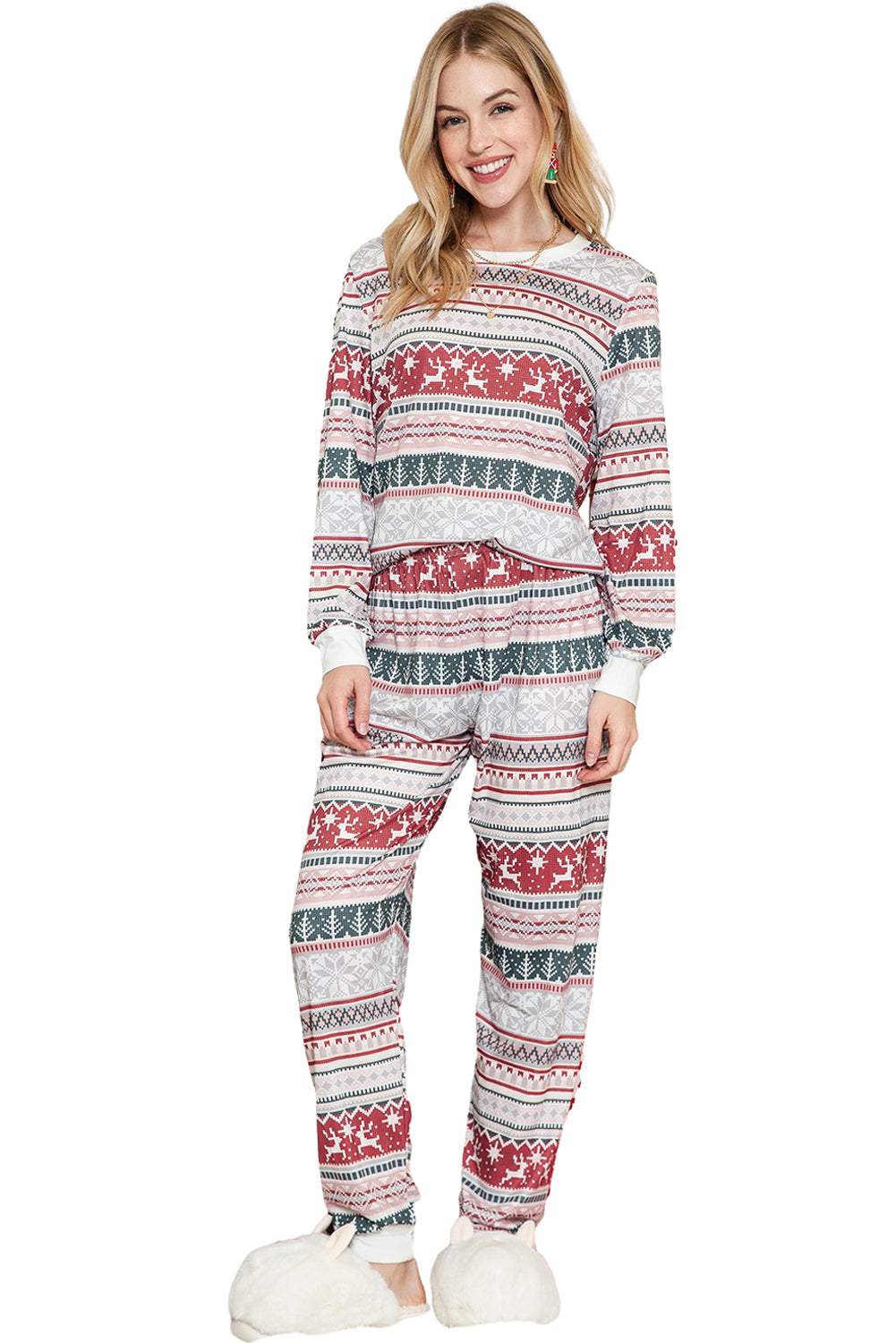 Gray Christmas Printed Long Sleeve Top & Pants Pajamas Set