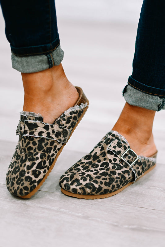 Cheetah Buckle Strap Frayed Canvas Slip On Slippers