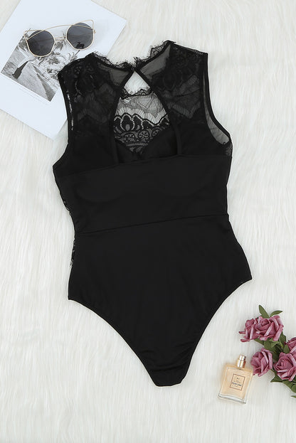 Black Sexy Sleeveless Slim Fit Lace Bodysuit for Women