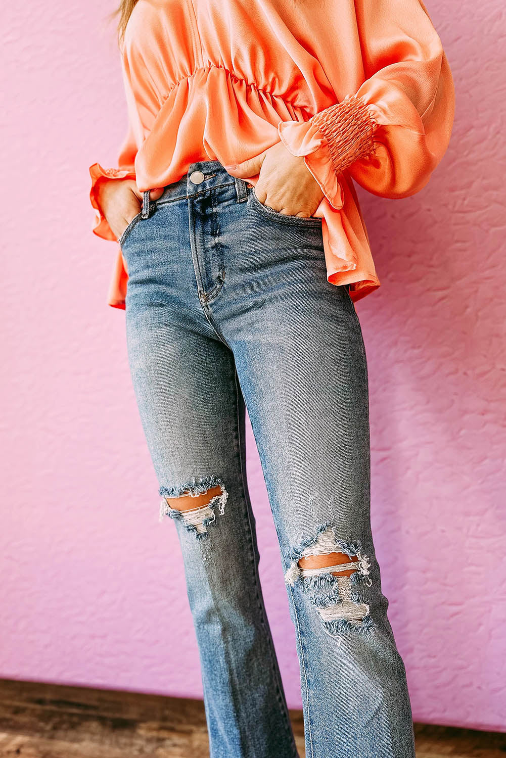 Sky Blue Casual Distressed Ripped Flare Jeans