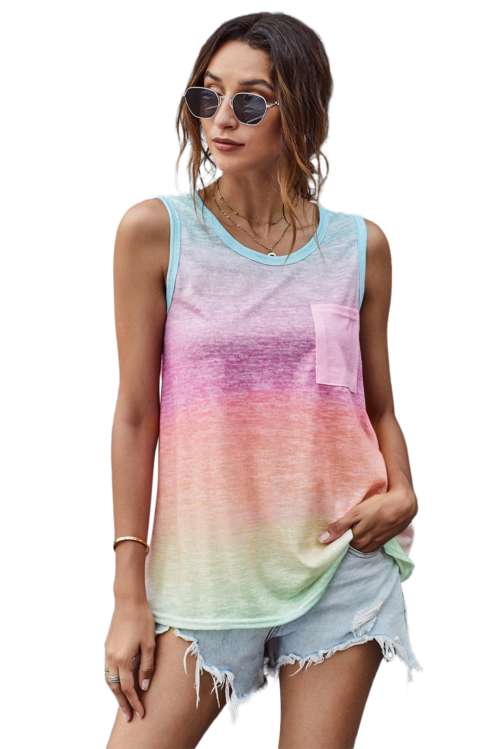 Pink & Blue Tie Dye Front Pocket Sleeveless Tank Top