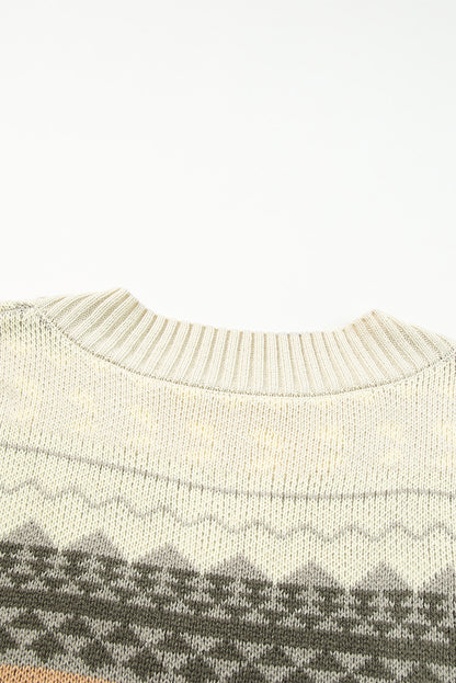 Khaki Geometric Print Ribbed Knitted V Neck Sweater