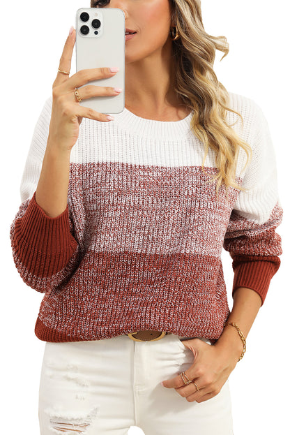 Brown Color Block Drop Shoulder Ribbed Trim Sweater